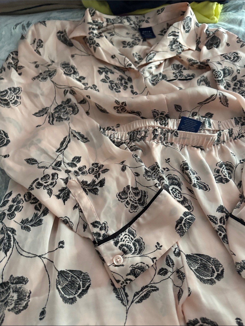 Apt. 9 Blush Pink Satin Pajama Set with Black Floral Print